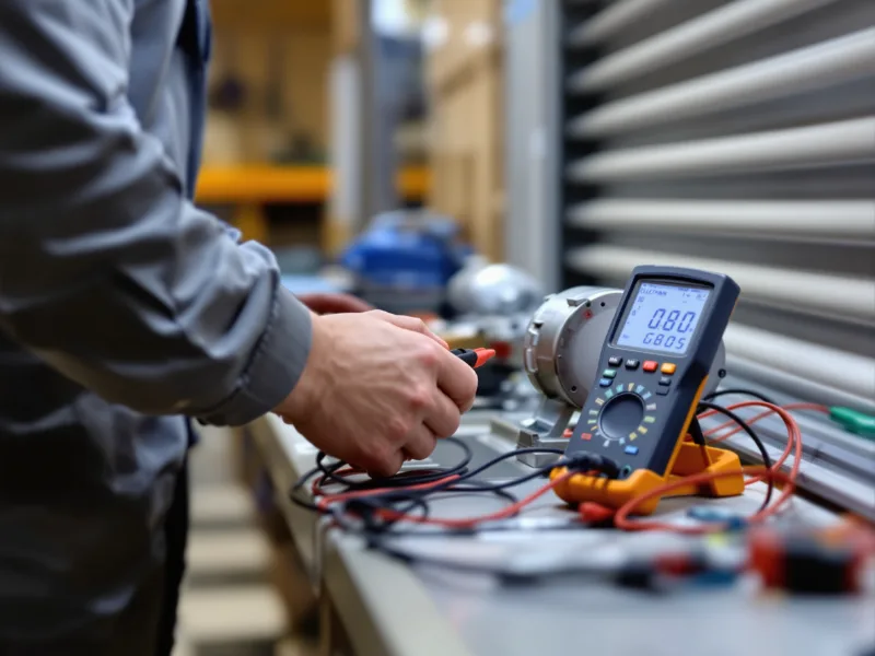 Technicien effectuant un diagnostic électrique sur un volet roulant avec multimètre à Wavre dans le Brabant wallon